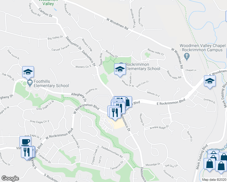 map of restaurants, bars, coffee shops, grocery stores, and more near 6835 Delmonico Drive in Colorado Springs