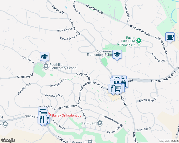 map of restaurants, bars, coffee shops, grocery stores, and more near 350 Allegheny Place in Colorado Springs
