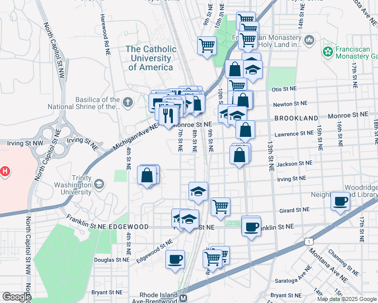 map of restaurants, bars, coffee shops, grocery stores, and more near 716 Kearny Street Northeast in Washington