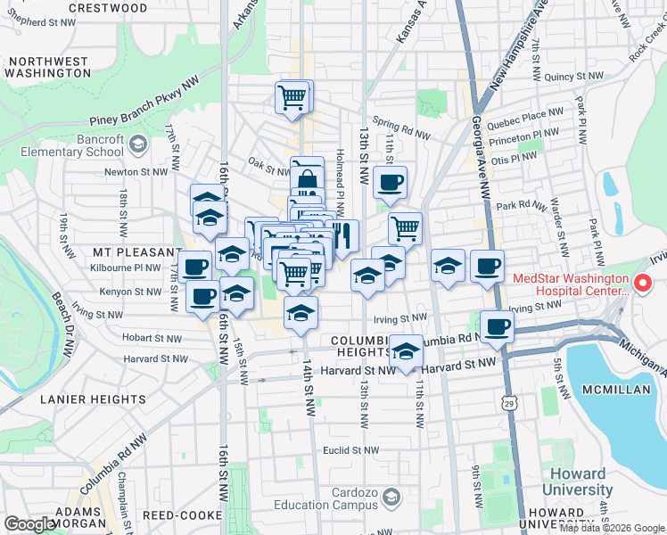 map of restaurants, bars, coffee shops, grocery stores, and more near 101 Independence Avenue Southeast in Washington