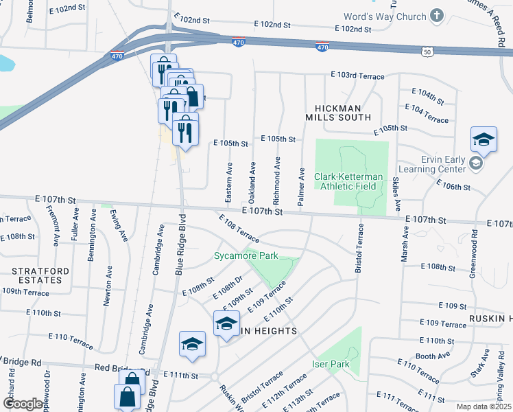 map of restaurants, bars, coffee shops, grocery stores, and more near 10619 Oakland Avenue in Kansas City