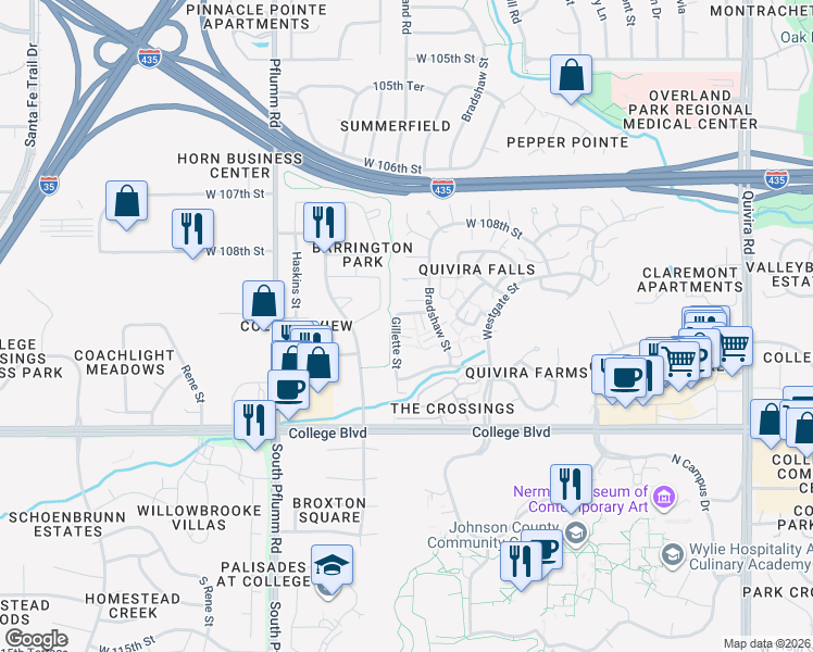 map of restaurants, bars, coffee shops, grocery stores, and more near 10892 Bradshaw Street in Overland Park