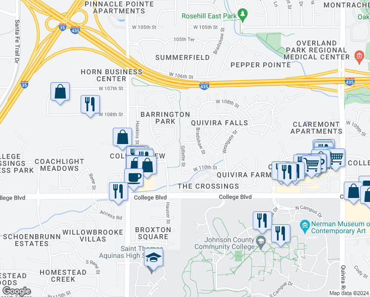 map of restaurants, bars, coffee shops, grocery stores, and more near 10892 Bradshaw Street in Overland Park