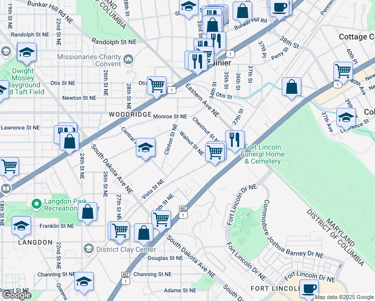 map of restaurants, bars, coffee shops, grocery stores, and more near 3064 Vista Street Northeast in Washington