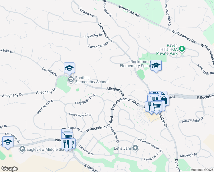 map of restaurants, bars, coffee shops, grocery stores, and more near 575 Blackhawk Court in Colorado Springs