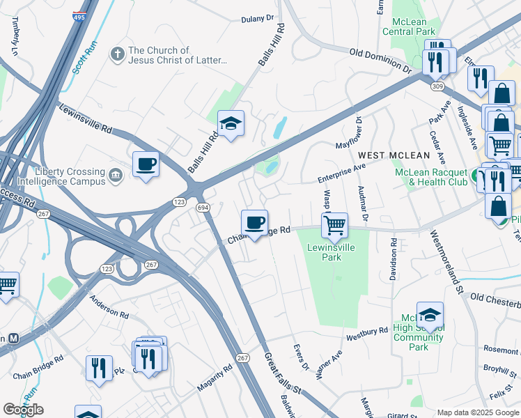 map of restaurants, bars, coffee shops, grocery stores, and more near 1480 Evans Farm Drive in McLean