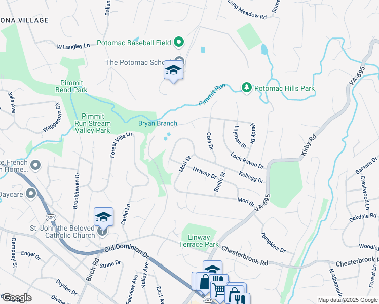 map of restaurants, bars, coffee shops, grocery stores, and more near 6229 Kellogg Drive in McLean