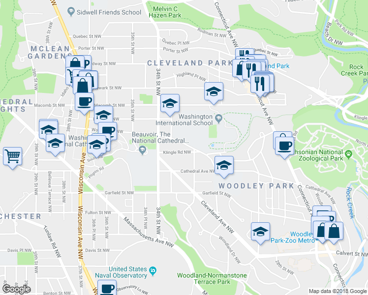 map of restaurants, bars, coffee shops, grocery stores, and more near 3214 Woodley Road Northwest in Washington