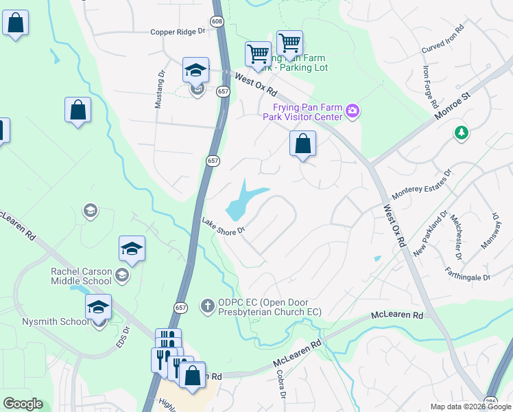 map of restaurants, bars, coffee shops, grocery stores, and more near 13480 Lake Shore Drive in Herndon