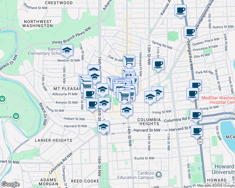 map of restaurants, bars, coffee shops, grocery stores, and more near 1436 Park Road Northwest in Washington
