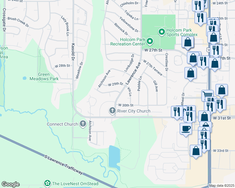 map of restaurants, bars, coffee shops, grocery stores, and more near 3003 West 29th Terrace in Lawrence