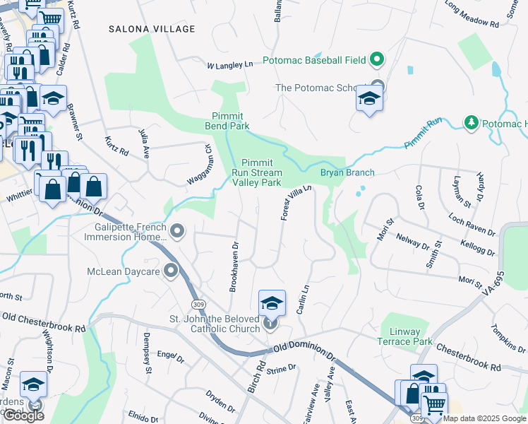 map of restaurants, bars, coffee shops, grocery stores, and more near 1443 Oakview Drive in McLean