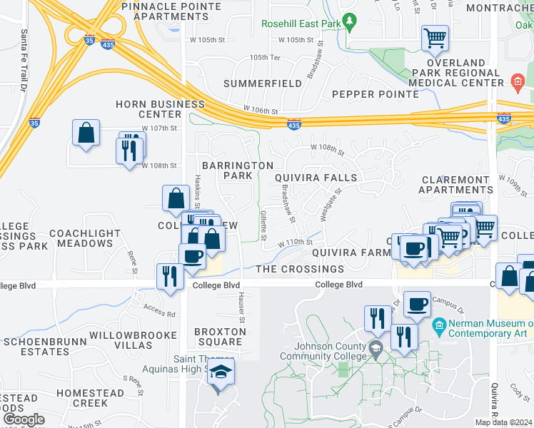 map of restaurants, bars, coffee shops, grocery stores, and more near 10892 Bradshaw Street in Overland Park
