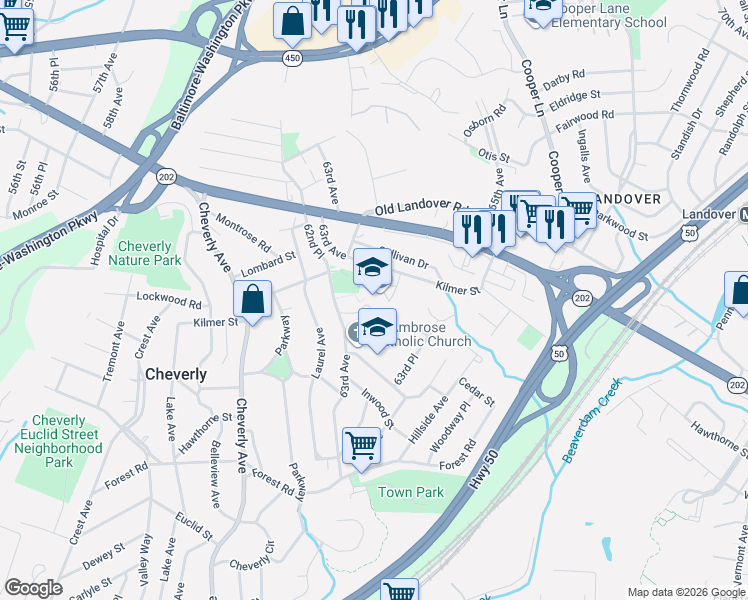 map of restaurants, bars, coffee shops, grocery stores, and more near 3324 64th Avenue in Cheverly