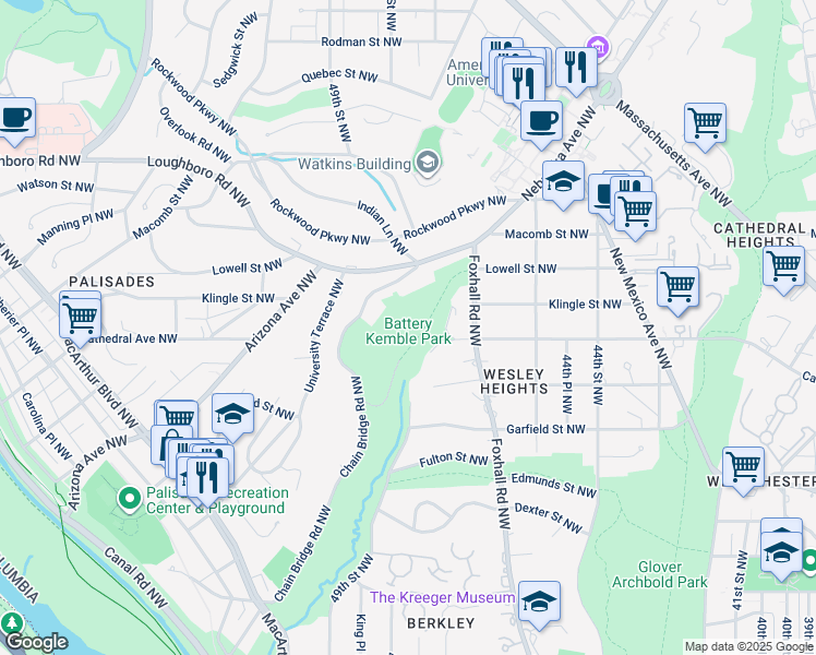 map of restaurants, bars, coffee shops, grocery stores, and more near 3035 Chain Bridge Road Northwest in Washington