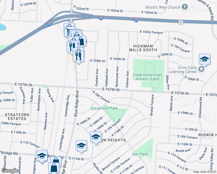 map of restaurants, bars, coffee shops, grocery stores, and more near 10619 Oakland Avenue in Kansas City