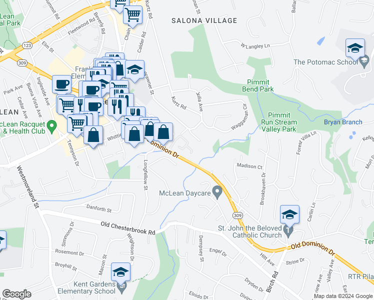 map of restaurants, bars, coffee shops, grocery stores, and more near 6631 McLean Court in McLean