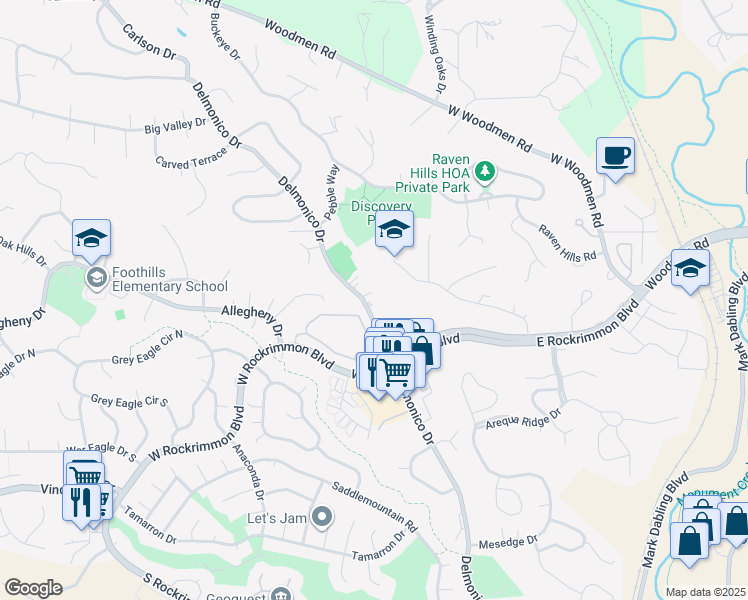 map of restaurants, bars, coffee shops, grocery stores, and more near 6819 Delmonico Drive in Colorado Springs