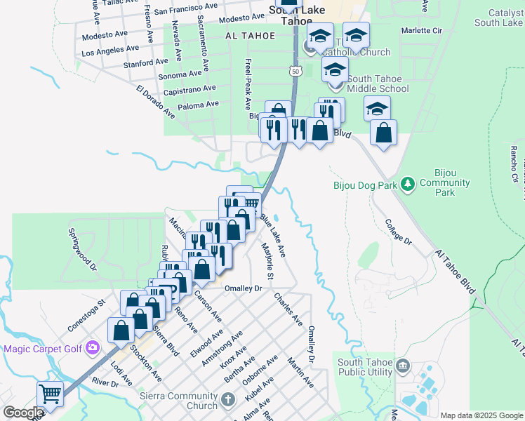 map of restaurants, bars, coffee shops, grocery stores, and more near 2774 Lake Tahoe Blvd in South Lake Tahoe
