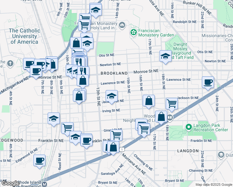 map of restaurants, bars, coffee shops, grocery stores, and more near 1401 Kearny Street Northeast in Washington
