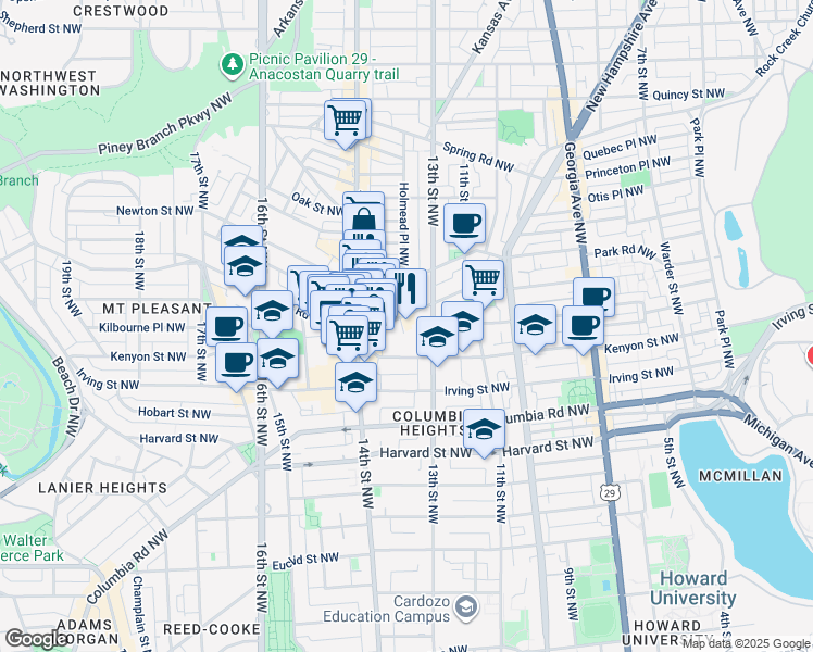 map of restaurants, bars, coffee shops, grocery stores, and more near 101 Independence Avenue Southeast in Washington
