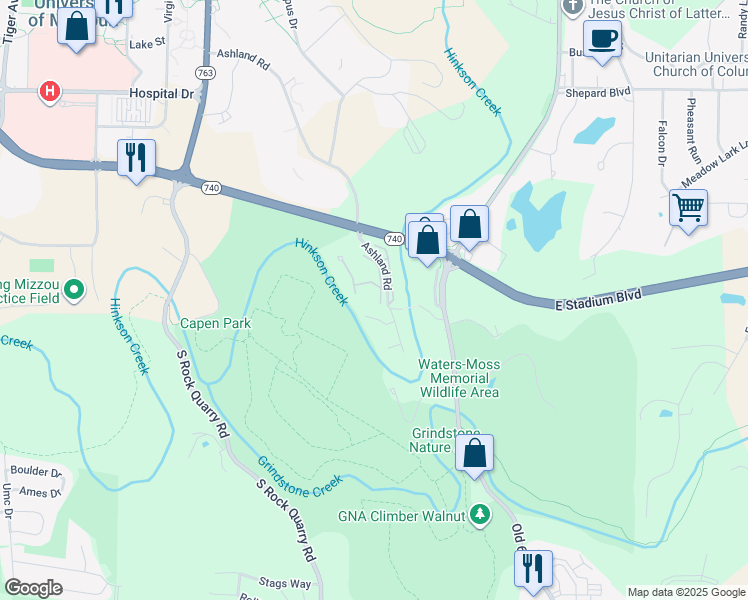 map of restaurants, bars, coffee shops, grocery stores, and more near 1435 Ashland Road in Columbia