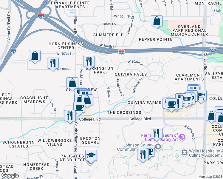 map of restaurants, bars, coffee shops, grocery stores, and more near 10892 Bradshaw Street in Overland Park