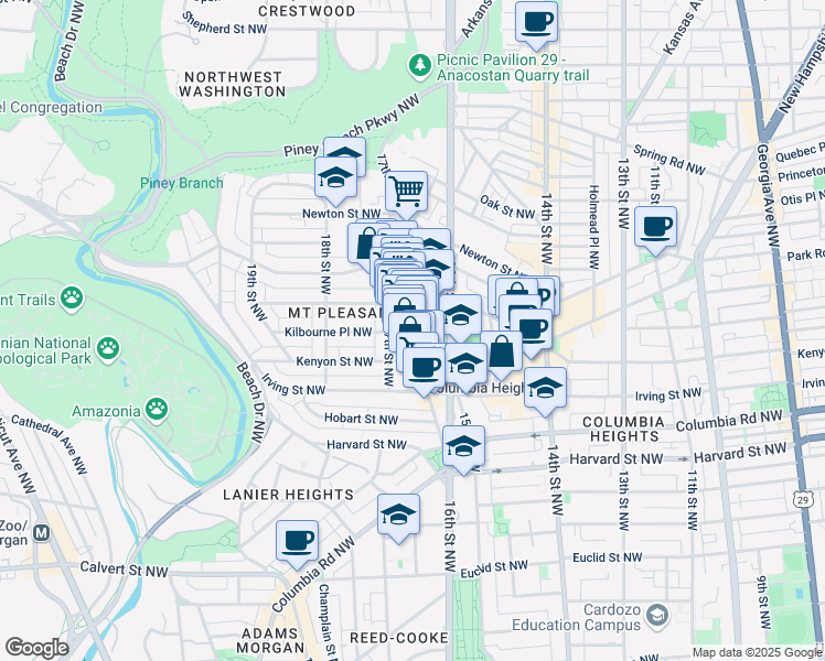 map of restaurants, bars, coffee shops, grocery stores, and more near 3155 Mount Pleasant Street Northwest in Washington