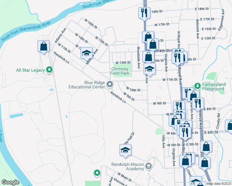 map of restaurants, bars, coffee shops, grocery stores, and more near 343 Kendrick Lane in Front Royal