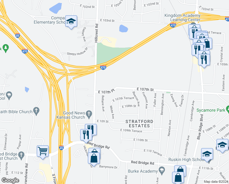 map of restaurants, bars, coffee shops, grocery stores, and more near 6007 East 107th Place in Kansas City