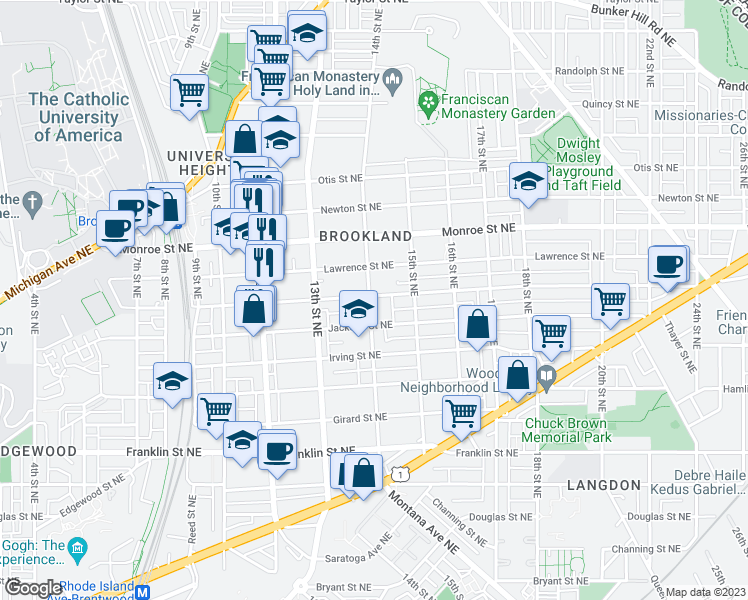 map of restaurants, bars, coffee shops, grocery stores, and more near 1401 Kearny Street Northeast in Washington