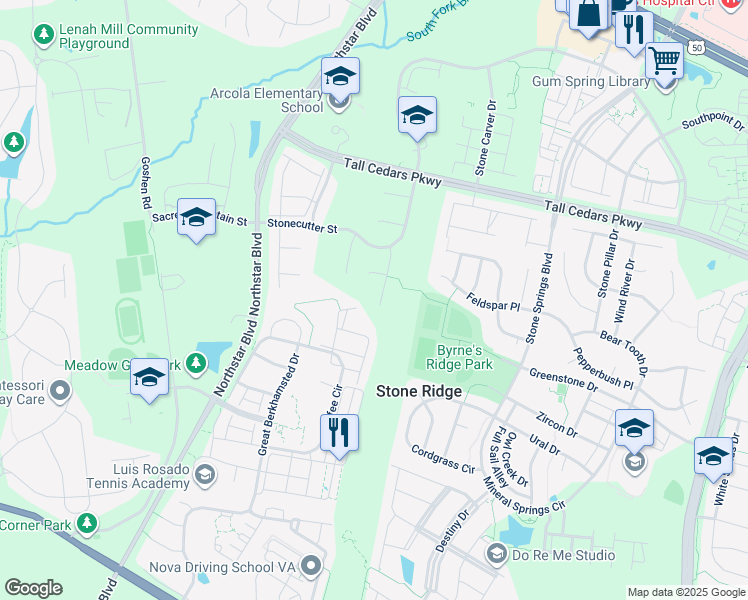 map of restaurants, bars, coffee shops, grocery stores, and more near 24821 Beardgrass Place in Aldie