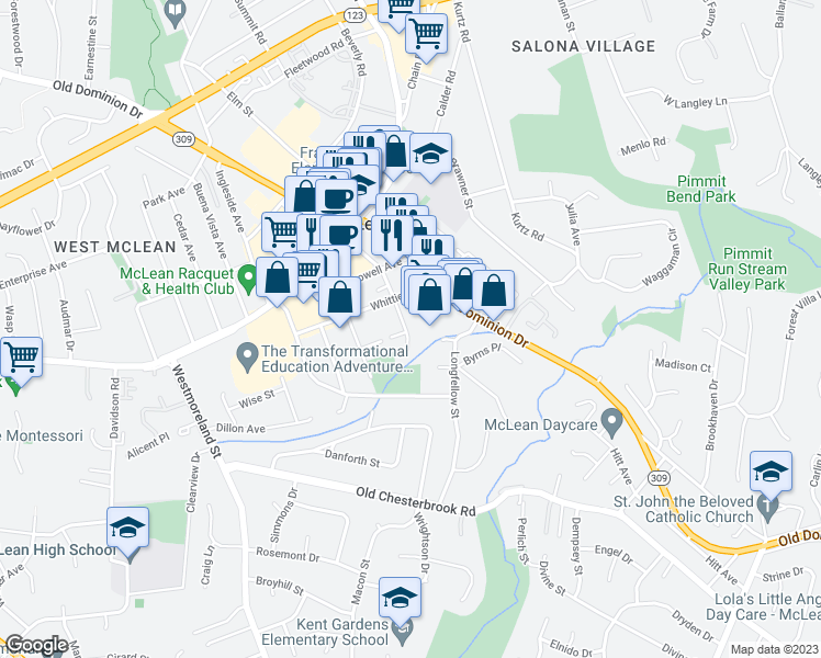 map of restaurants, bars, coffee shops, grocery stores, and more near 1521 Emerson Avenue in McLean