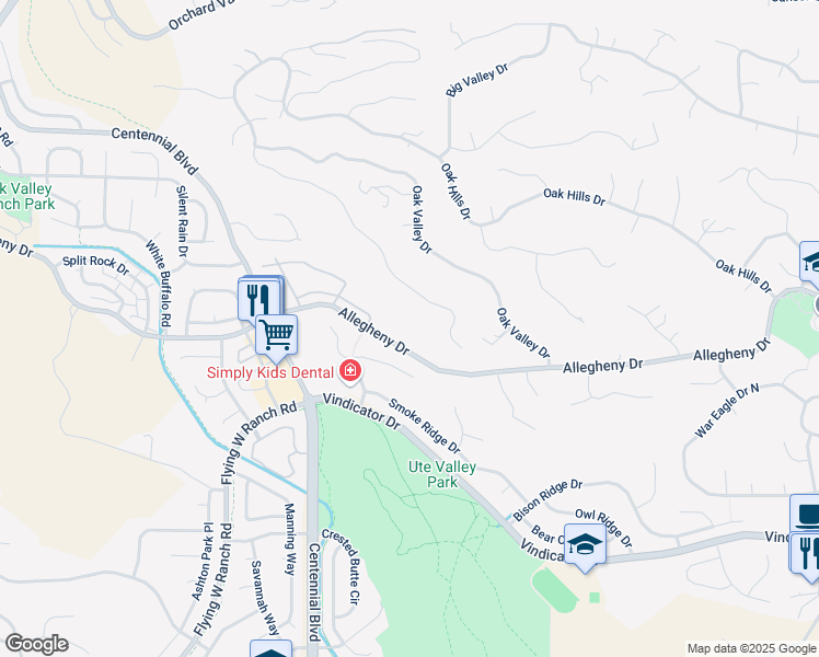 map of restaurants, bars, coffee shops, grocery stores, and more near 1830 Allegheny Drive in Colorado Springs