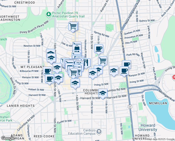 map of restaurants, bars, coffee shops, grocery stores, and more near 1320 Park Road Northwest in Washington