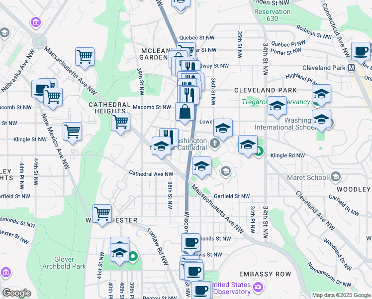 map of restaurants, bars, coffee shops, grocery stores, and more near 3100 Wisconsin Avenue Northwest in Washington