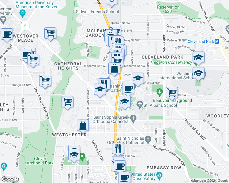 map of restaurants, bars, coffee shops, grocery stores, and more near 3100 Wisconsin Avenue Northwest in Washington