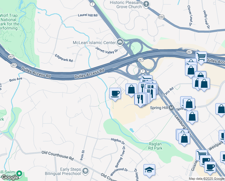 map of restaurants, bars, coffee shops, grocery stores, and more near 8831 Hunting Lodge Court in Vienna