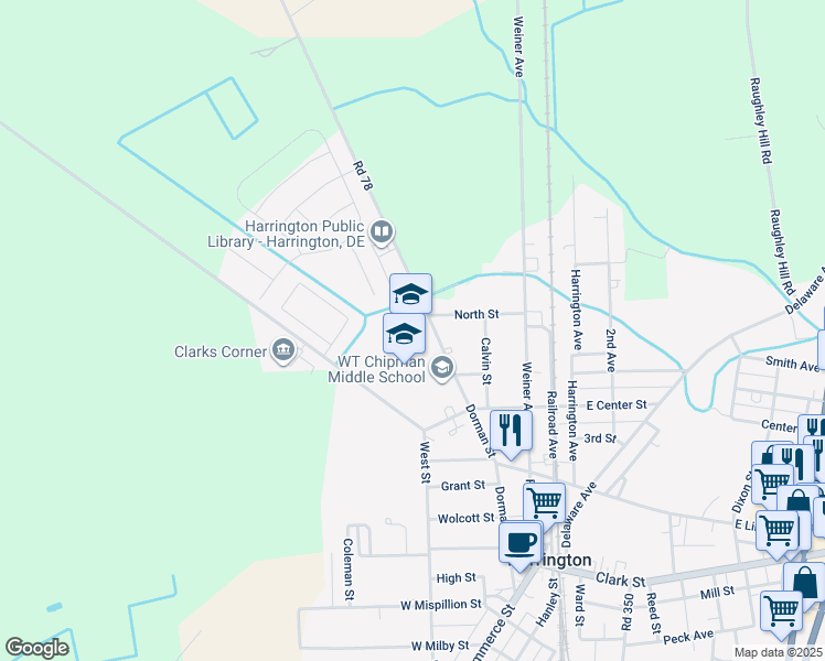 map of restaurants, bars, coffee shops, grocery stores, and more near 301 Dorman Street in Harrington