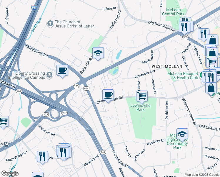 map of restaurants, bars, coffee shops, grocery stores, and more near 1480 Evans Farm Drive in McLean