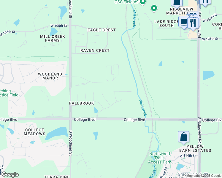 map of restaurants, bars, coffee shops, grocery stores, and more near 10915 South Barker Road in Olathe