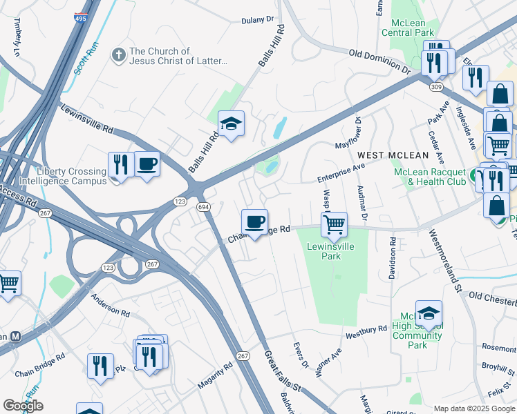 map of restaurants, bars, coffee shops, grocery stores, and more near 1480 Evans Farm Drive in McLean