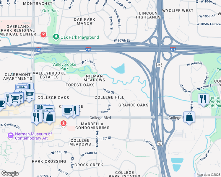 map of restaurants, bars, coffee shops, grocery stores, and more near 11010 West 109th Street in Overland Park