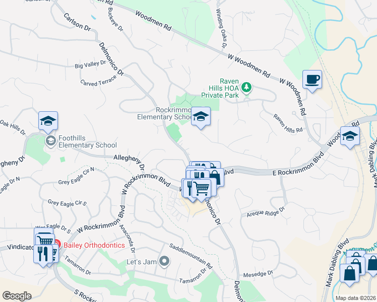 map of restaurants, bars, coffee shops, grocery stores, and more near 6835 Delmonico Drive in Colorado Springs