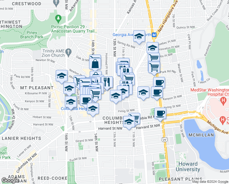map of restaurants, bars, coffee shops, grocery stores, and more near Lamont Street Northwest in Washington
