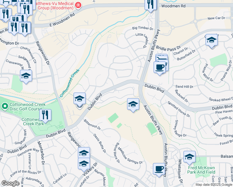map of restaurants, bars, coffee shops, grocery stores, and more near 4505 Dublin Boulevard in Colorado Springs