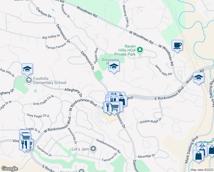 map of restaurants, bars, coffee shops, grocery stores, and more near 6835 Delmonico Drive in Colorado Springs
