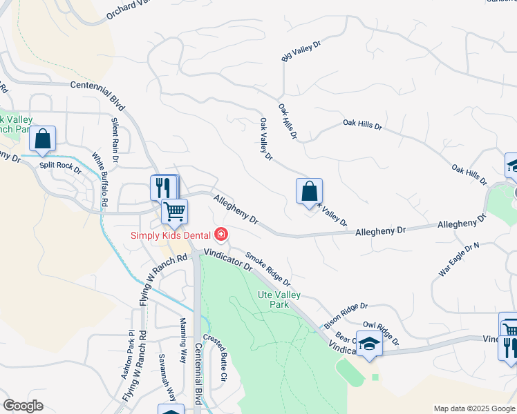 map of restaurants, bars, coffee shops, grocery stores, and more near 1830 Allegheny Drive in Colorado Springs