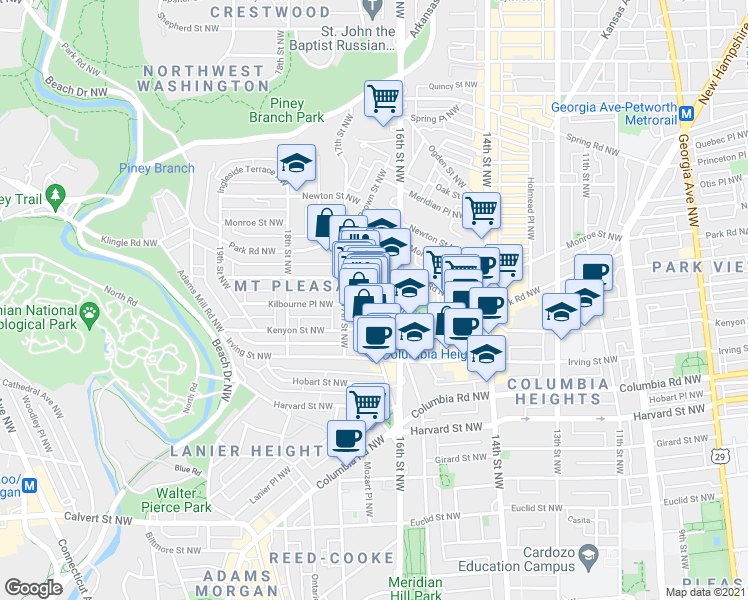 map of restaurants, bars, coffee shops, grocery stores, and more near 101 Independence Avenue Southeast in Washington