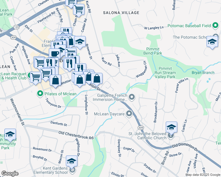 map of restaurants, bars, coffee shops, grocery stores, and more near 6633 McLean Court in McLean